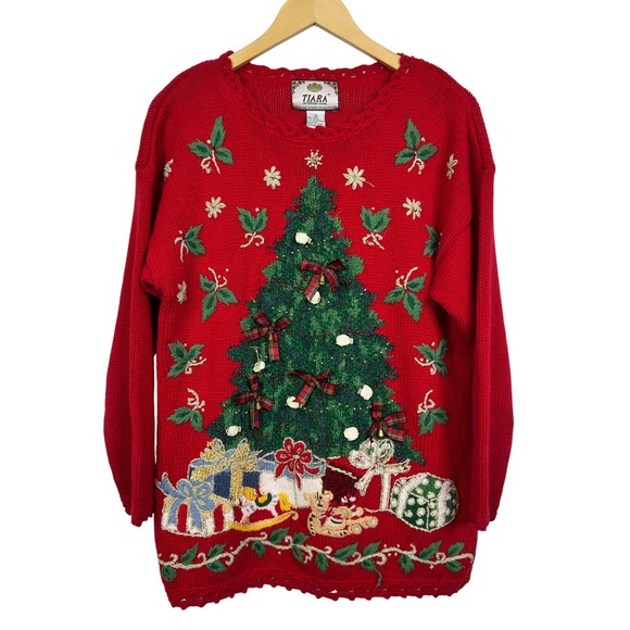 Tiara International Sweaters - Tiara International Red Christmas Tree Sweater Womens Size S Ugly Sweater